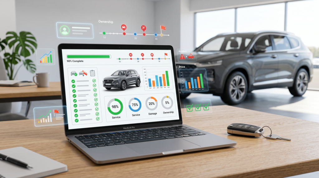 Vehicle history report dashboard displayed on a laptop beside a gray SUV.